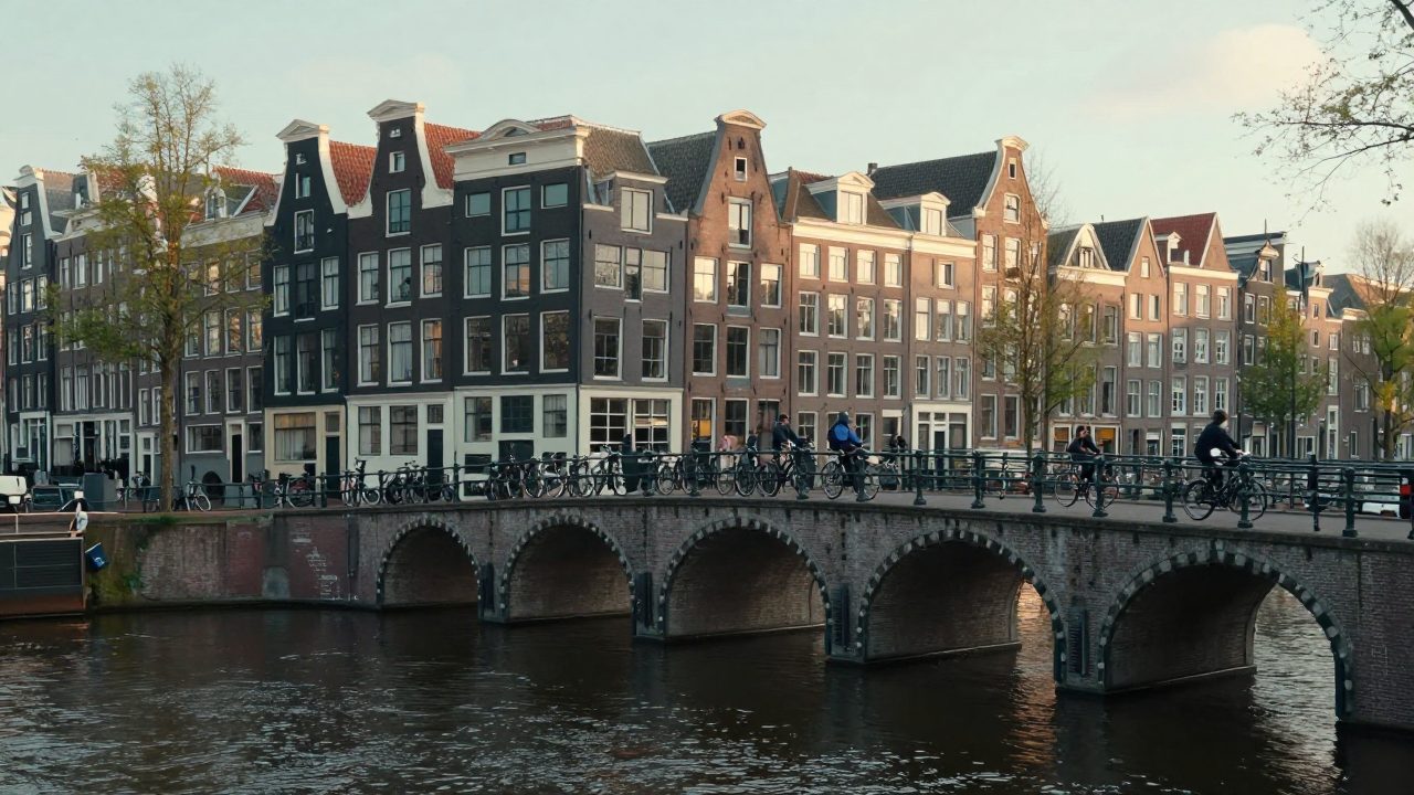 Grachtenpanden en fietsen bij een brug in Amsterdam.