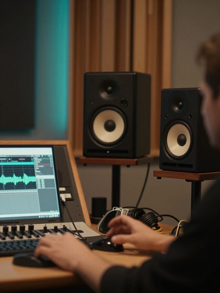 Mastering monitors en engineer tussen de speakers.